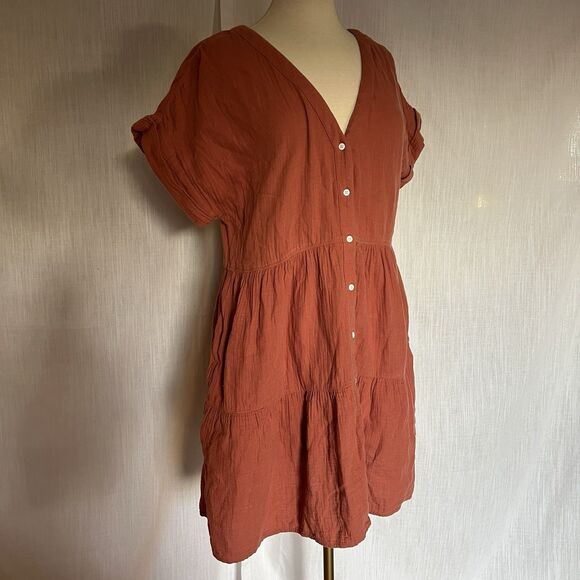 Madewell Lightspun Cuff Sleeve Button Front Tiered Dress Orange V Neck Medium - Picture 6 of 14